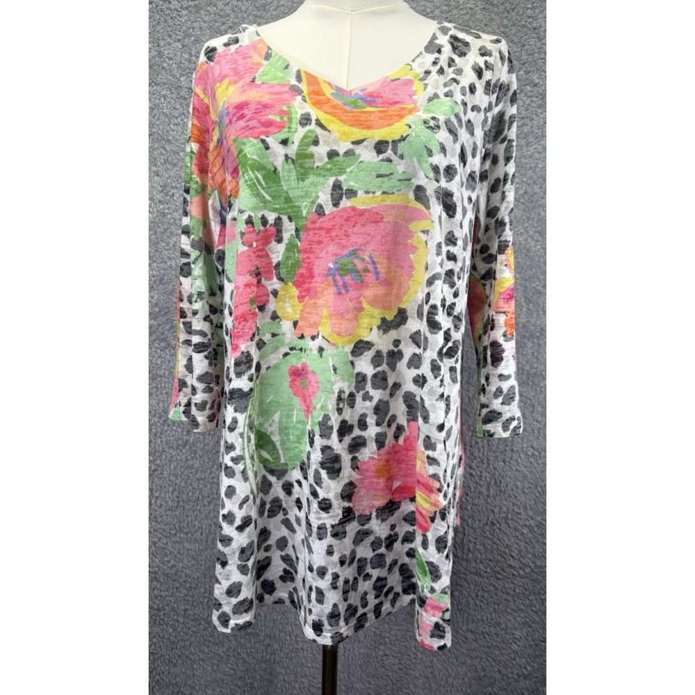 Womens Large Tunic Top Floral Animal Print Artsy Maximalist Boho V Neck